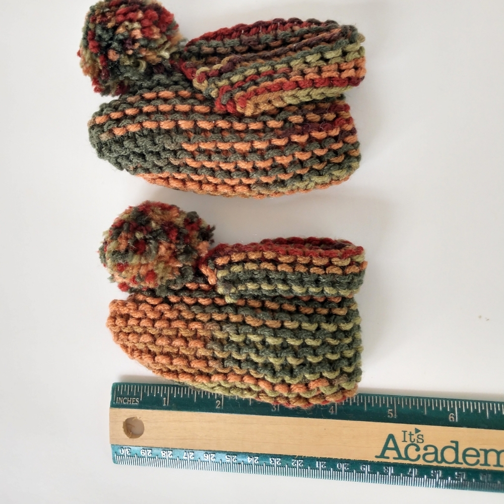 Hand Crafted Baby Slippers Boots Shoes Pompom Knit Browns Greens Orange Fall - Picture 9 of 11